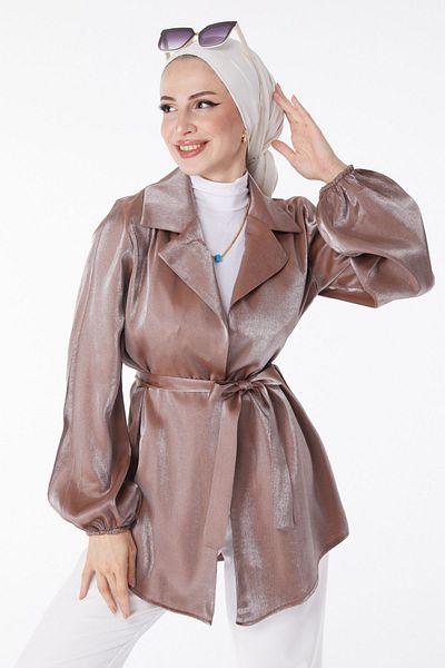 TOFİSA Straight Jacket Collar Women's Brown Shiny Detailed Belted Jacket - 24752