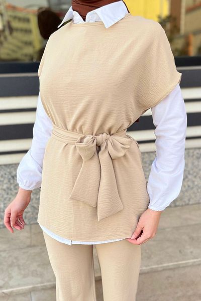 TOFİSA Μπεζ Γυναικείο Σετ - Απλό Crew Neck, 11448