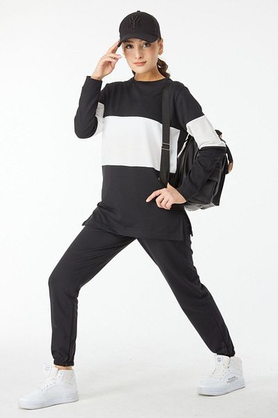 TOFİSA Black Long Sleeve Garnished Tracksuit Set - Plain Crew Neck - 13125