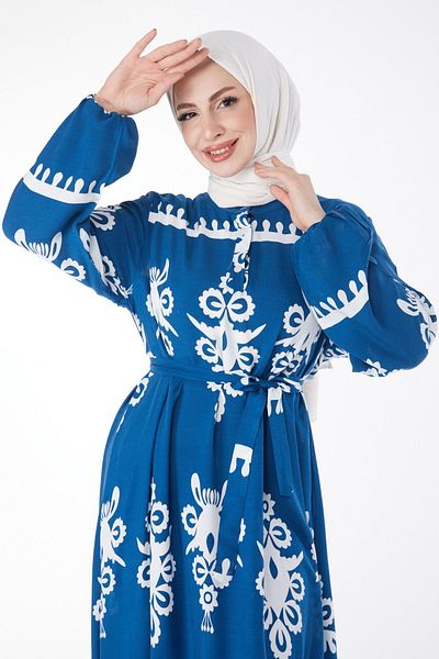 TOFİSA Rochie de damă cu guler șef drept cu model albastru - 24989