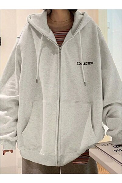 pandy Baskılı Kapüşonlu Fermuarlı Oversize Mevsimlik Sweatshirt