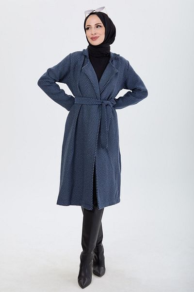 TOFİSA Women's Blue Trench Straight Jacket Collar - 13091