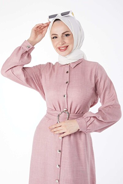 TOFİSA Απλό πουκάμισο γιακά Γυναικείο φόρεμα με ροζ σταυρό με λεπτομέρειες - 24967