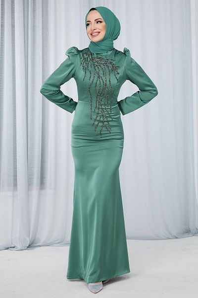 TOFİSA Khakifarbenes gerade geschnittenes Damen-Abendkleid - 23681
