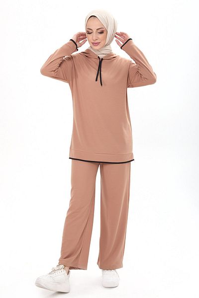 TOFİSA Battal Size Hooded Collar Mink Tunic Trousers - 13098