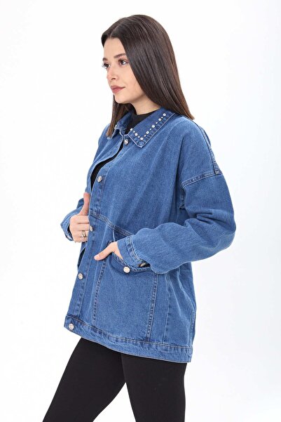 TOFİSA Blue Stone Detailed Straight Shirt Collar Women's Denim Jacket - 23622