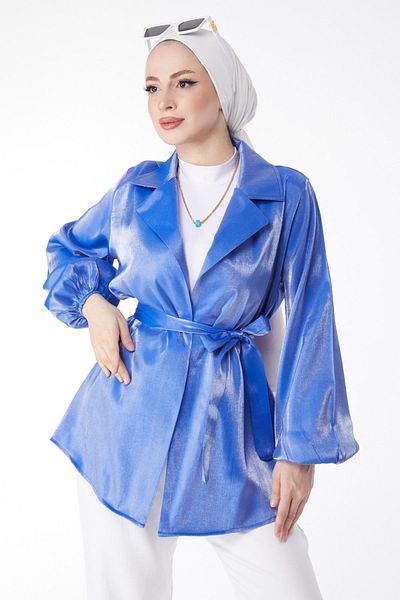 TOFİSA Blue Shiny Detailed Belted Women's Jacket - Straight Collar 24752