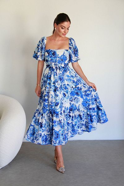 Julishop Imprimeu floral albastru și alb - rochie midi premium cu mânecă cu balon