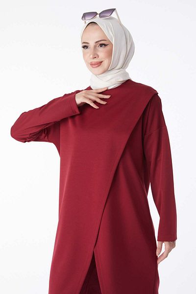 TOFİSA Weinrotes Damen-Sport-Doppelset aus Tunika und Hose – Rundhalsausschnitt – 13154