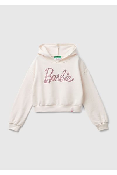 United Colors of Benetton Barbie Printed - Girl's Ecru Hooded Short Sweatshirt