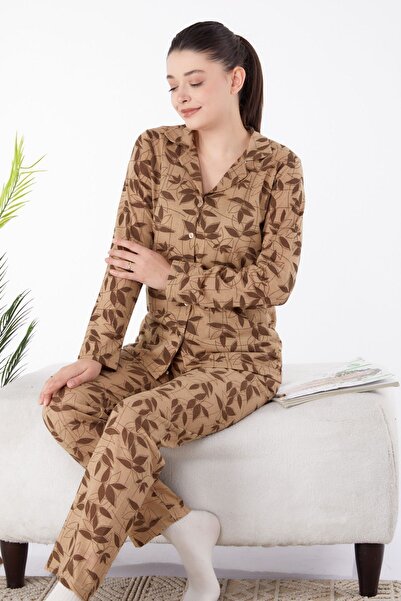 TOFİSA Brown Long Sleeve Plain Medium Women's Pajamas Set - 25356