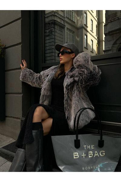 My Blog Grey Melange - Palton scurt de blană Madonna
