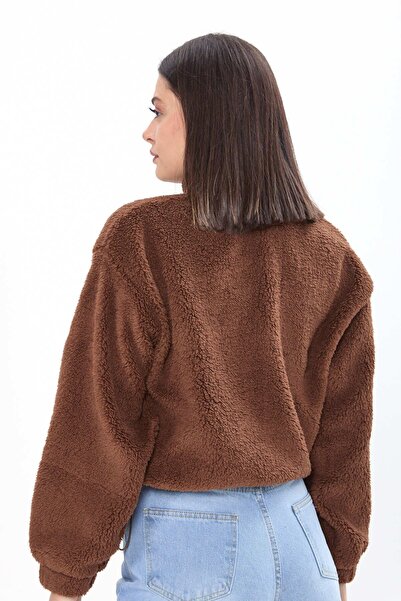 TOFİSA Γυναικείος καφέ βελούδινος ιδρώτας - Απλός γιακάς Judge - 24001