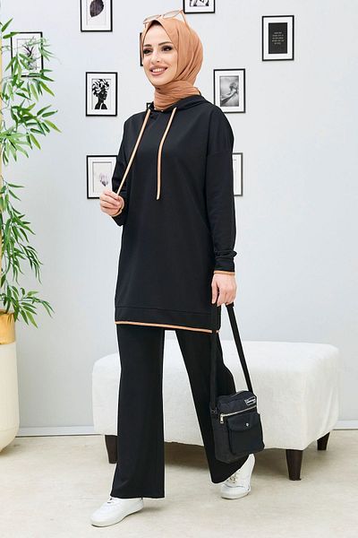 TOFİSA Női fekete oversize kapucnis tunika nadrág - 13098