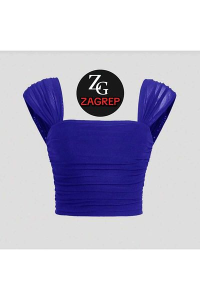 Zagrep Saks Blue Crop Bustier for Women - Draped and Drawstring Sleeves, Silk Jersey
