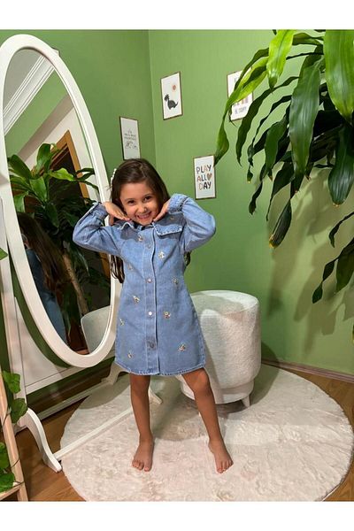 MOSVAY Girl's Flower Embroidery Embroidered Collar Detailed Denim Dress
