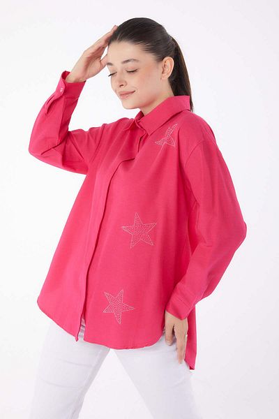 TOFİSA Fuchsia Star Stone Women's Shirt - Plain Shirt Collar - 13255