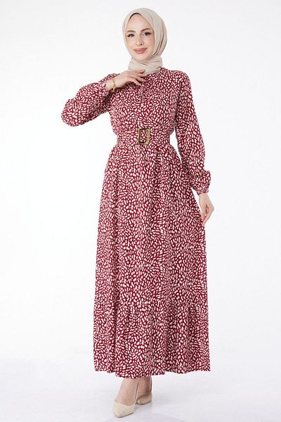 TOFİSA Rochie de damă cu decolteu roșu uni burgundă cu modele - 24941