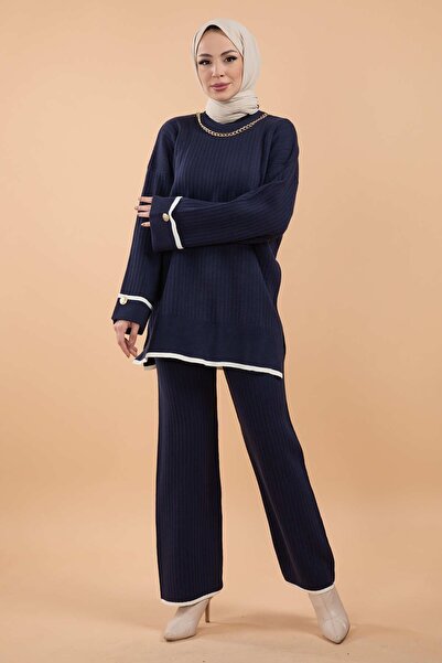 TOFİSA Темно-синя жіноча трикотажна туніка з вирізом на горловині 23791