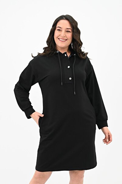 Koza Butik Kadın Büyük Beden Yaka Düğmeli Kapüşonlu Tunik 5207-24