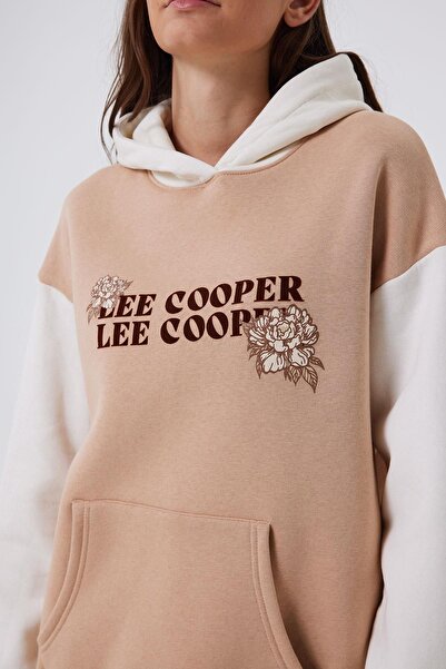 Lee Cooper Γυναικείο φούτερ με λευκό γιακά με κουκούλα - Μπεζ LCF 241011 JENNY