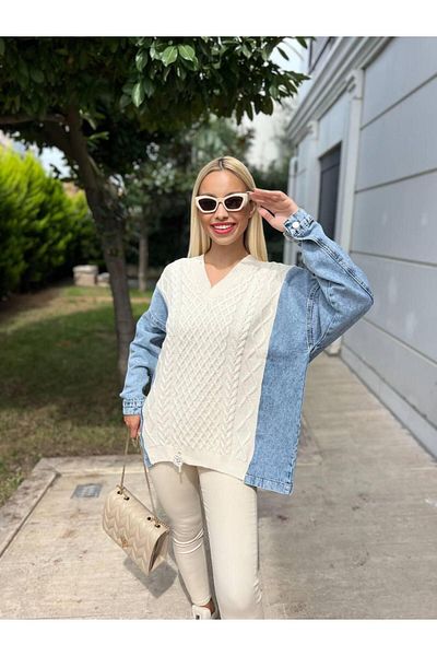 For Angels Pulover împletit din denim cu mâneci
