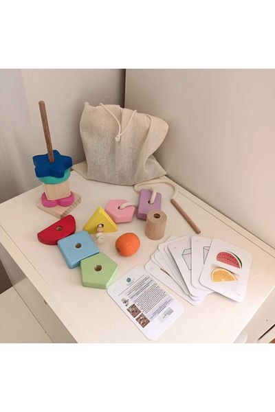 Moccotoys Montessori Wooden Toy - Secret Bag and Thread Geometric Shapes Double Educational Card Game