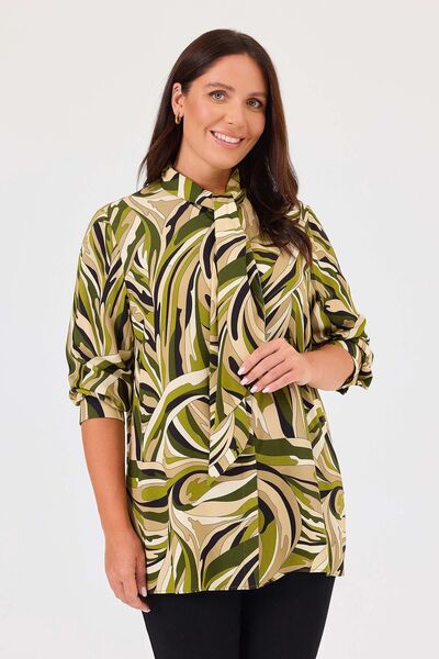 Gala-Xi Galaxi Green Patterned Large Size Shirt - Scarf Collar 4013
