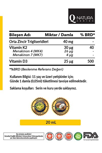 Q natura series D3k2 Organik Zeytniyağlı Mct Oil /mk4,mk7 /20 ml