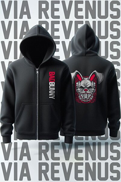 Vordevia سترة صوفية بغطاء للرأس بسحاب للجنسين من Bad Bunny - مطبوعة من الأمام...