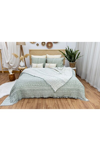 destinyhometex Aztek Desen Battal Boy 240x260cm Yatak Örtüsü/2 Adet 50x70cm Yastık 4 Katlı Multi Muslin %100 Pamuk