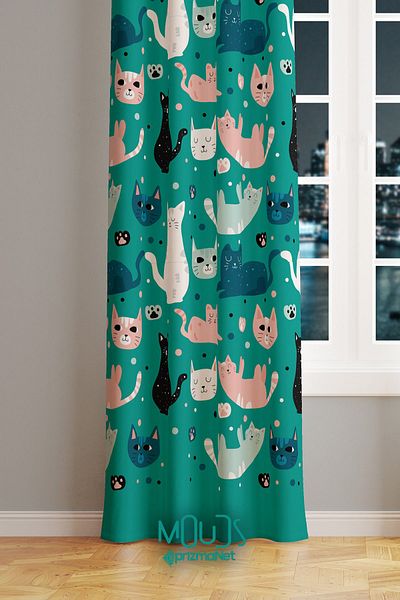 Moud's Green Cats Patterned Suede Curtain - Children's and Baby's Room, Digital Printed Extra-For Gather, Single Wing