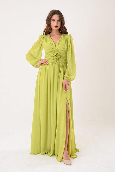 SpringStore Long Sleeve and Acid Waist Rose Evening Dress