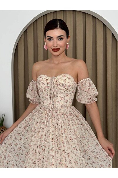 Afiş Butik Bej Çiçek Desenli Şifon Bağlama Detaylı Astarlı Elbise