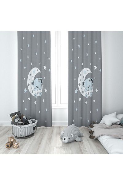 Lolla Cute Bear on Gray Moon Background Curtain 96