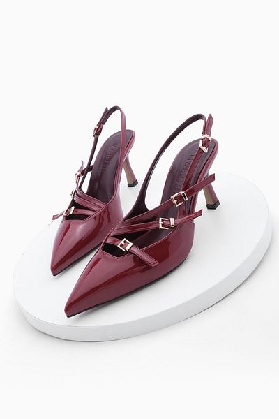 Marjin Women's Pointed Toe Three-Banded Belt Detail Open Back Classic Heeled Shoes Bevil Claret Red Patent Leather
