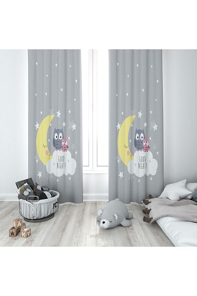 Lolla Ayda Owl Figured Gray Background Curtain 120