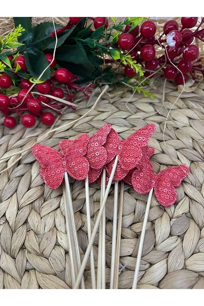 Deniz Party Store 16 Cm Red Sequined Long Toothpick Butterfly - 10 Pieces