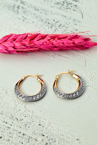 MOOM MÜCEVHERAT Kadın 14 Ayar Altın 2 Renk Yeşil Beyaz Halka Küpe