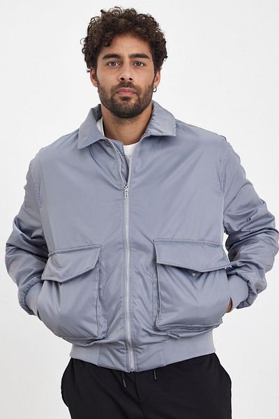 MADZEYMODA Ανδρικό μπουφάν Bomber - New Season, Ανοιχτό Γκρι, με φερμουάρ, Mz56112