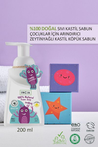 Incia 100 % natürliche Schaum-Kastilienseife mit Olivenöl für Kinder – 10 Kräuteröl, vegan, 200 ml