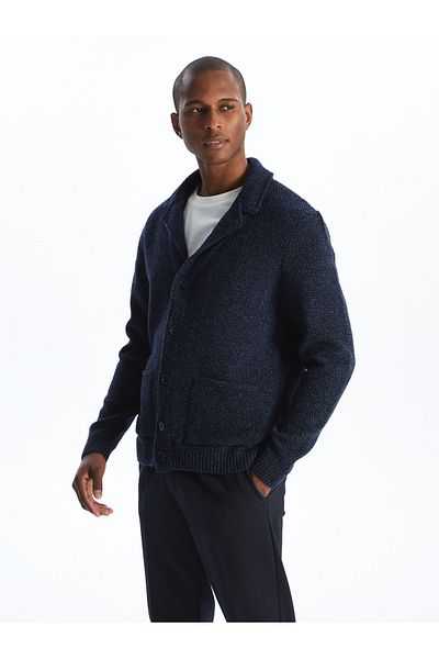 LC Waikiki Ανδρική πλεκτή ζακέτα Navy Blue Melange Standard Fit Shawl Collar
