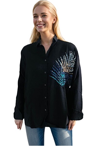 Cassime Чорна бавовняна сорочка з паєтками Oversize для жінок