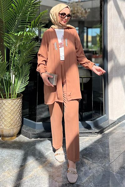 julude Camel Stone Embroidered Triple Set - Blouse, Jacket, Trousers, Hijab