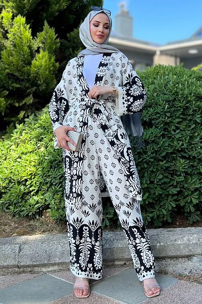 julude Viscose Hijab Kimono Σετ 2 τεμαχίων - Λευκό&Μαύρο σχέδιο