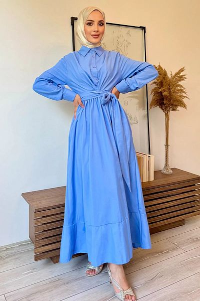 julude Μπλε φόρεμα Hijab με μισά κουμπιά - Δέσιμο στη μέση
