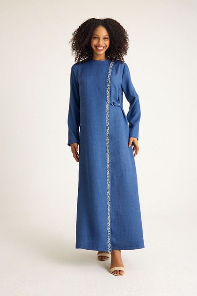 Fashion Showcase Indigo Long Dress - Stone Detailed Lace up Ferace
