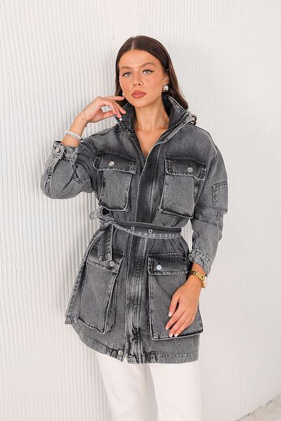Melike Tatar Anthracite Denim Jacket - Pocket Detailed, Model 32-4002-1