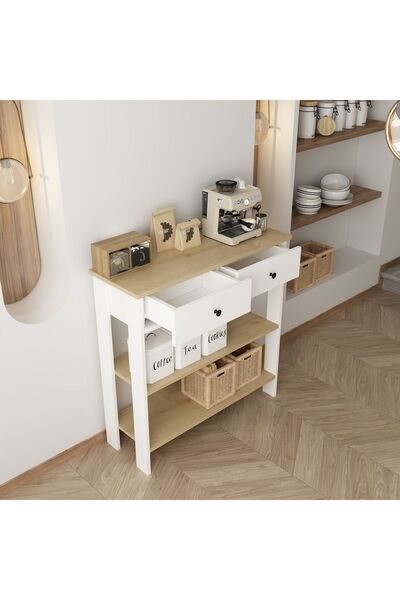 Home Luvia Çift Çekmeceli Beyaz Meşe Kahve Köşesi