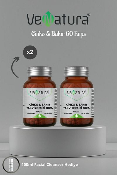 VeNatura Zinc and Copper Food Supplement - 60 Capsules 2 Pcs + Facial Cleanser 100ml Gift Set